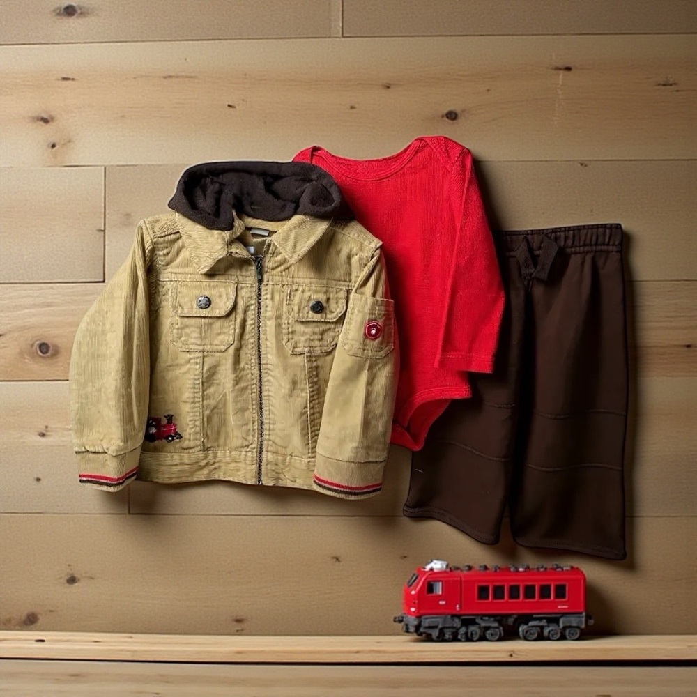 Carter's Tan Penguin Train Corduroy Jacket with Red Accents and Fleece Pant